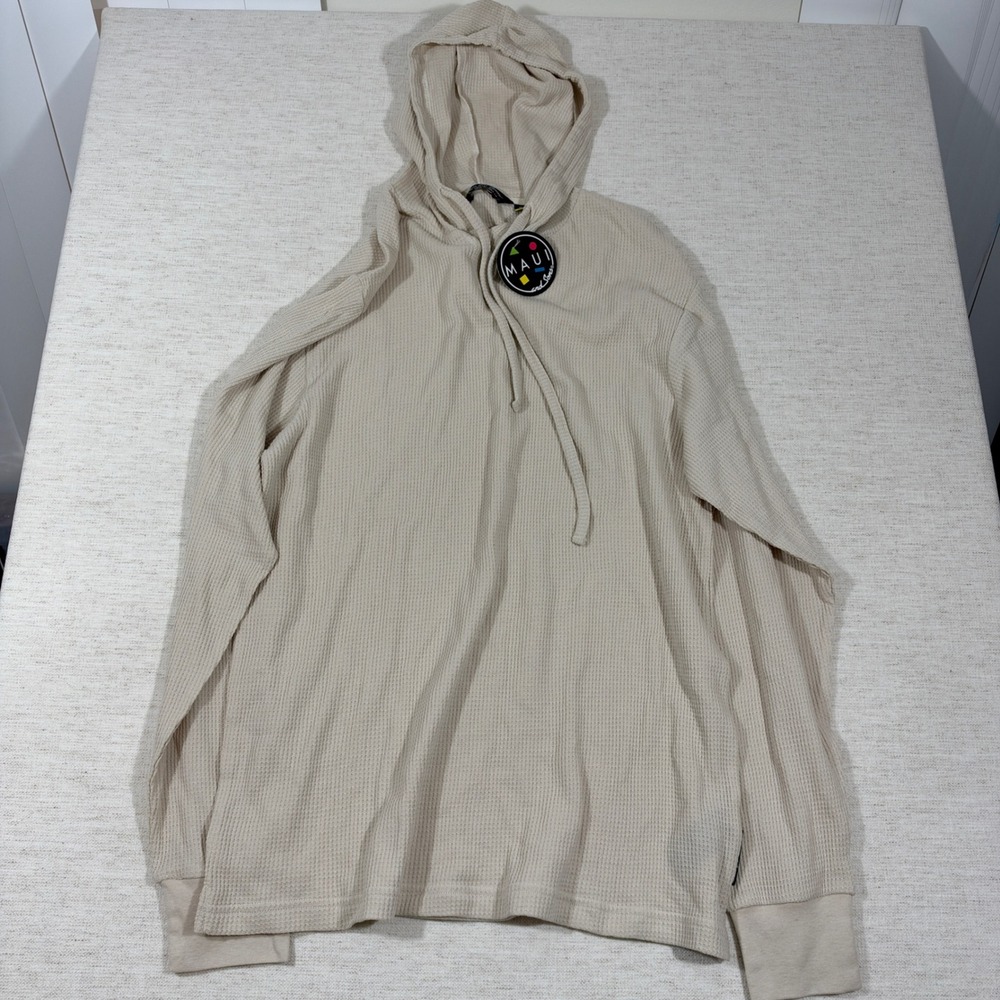 Maui and Sons Hoodie Mens Size M Off White Waffle Knit Thermal Long Sleeve